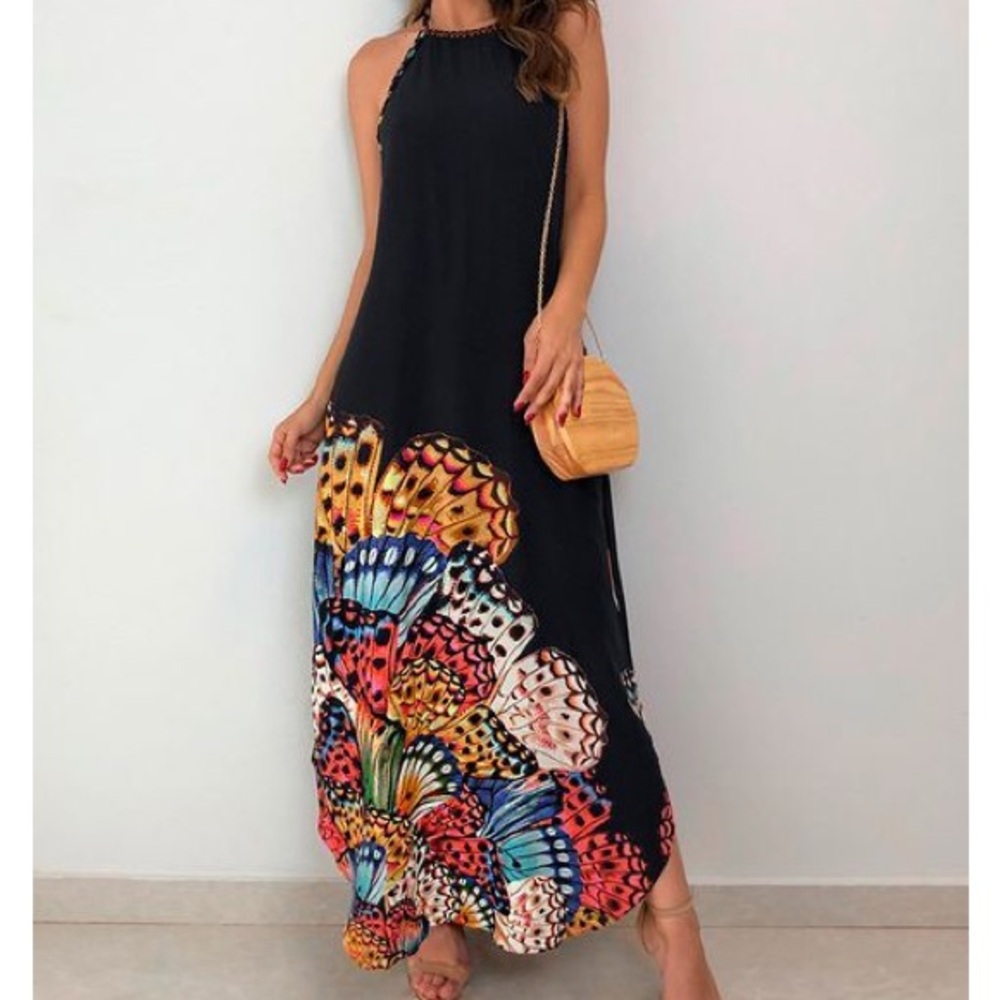 Farm Rio Black Butterfly Halter Maxi Dress - Medium